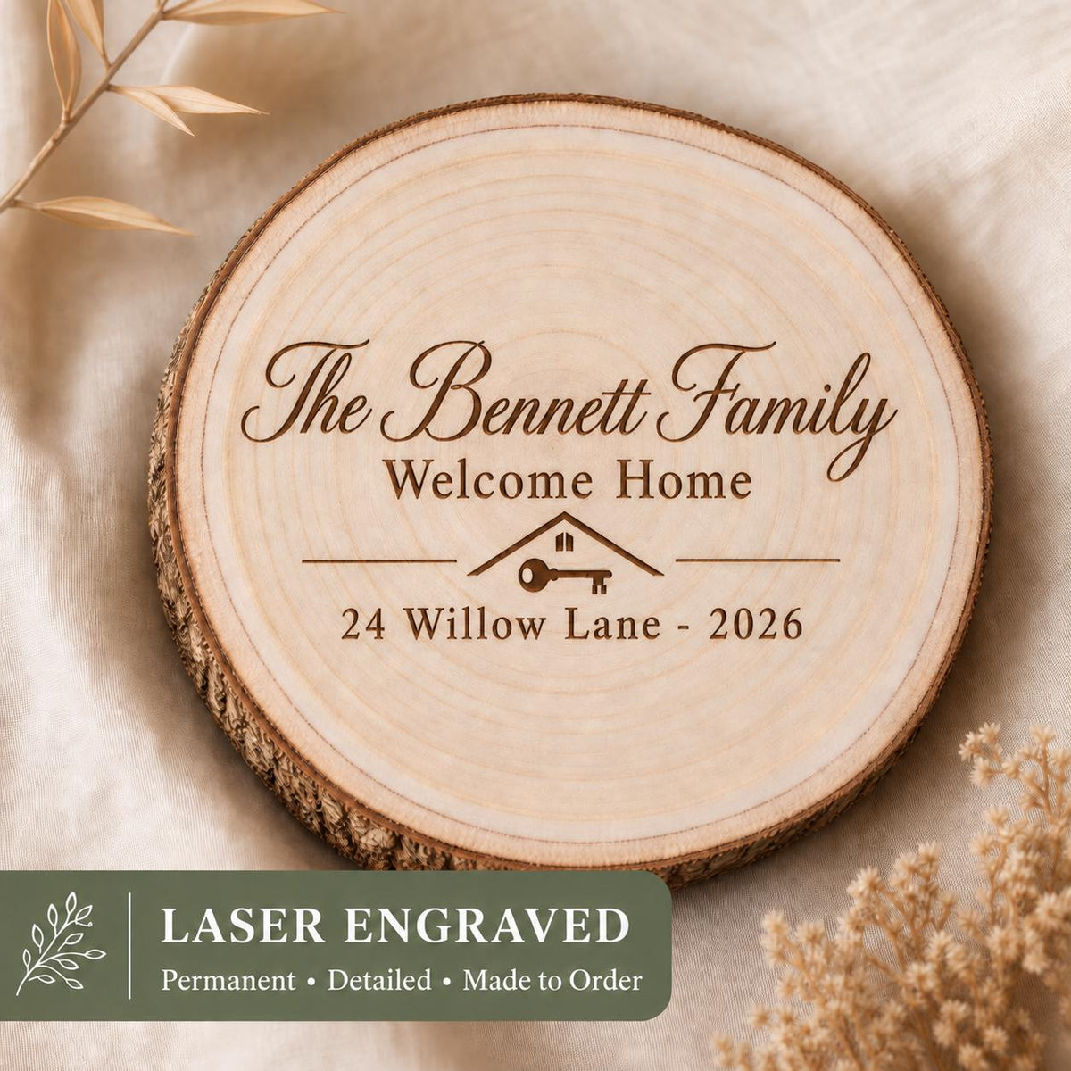 Realtor Closing personalized engraved wood slice. Engraving detail.