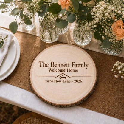 Realtor Closing personalized engraved wood slice. Table display example.