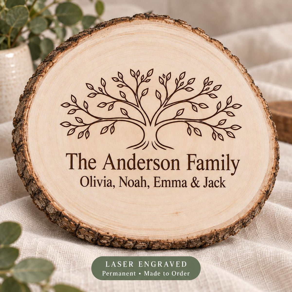 Family Tree personalized wood sign: engraving detail