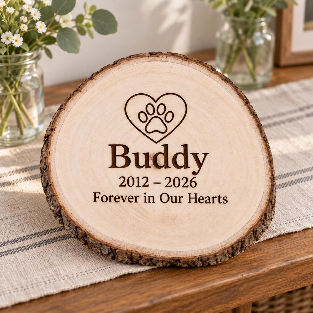 Pet Memorial personalized wood sign: table lifestyle