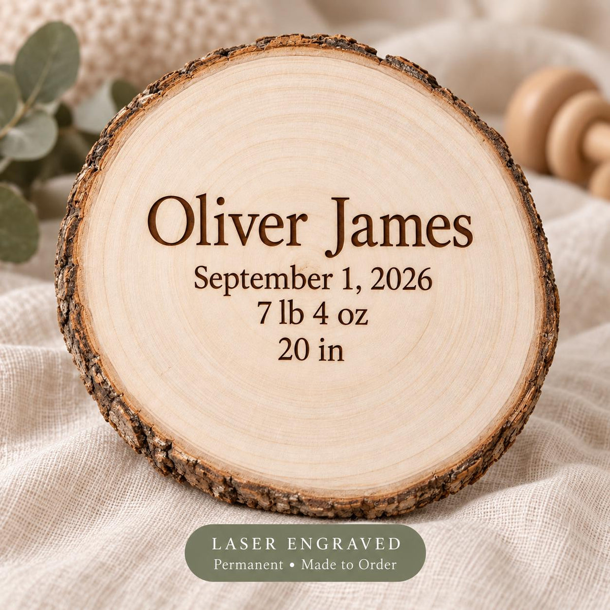 Birth Announcement personalized wood sign: engraving detail