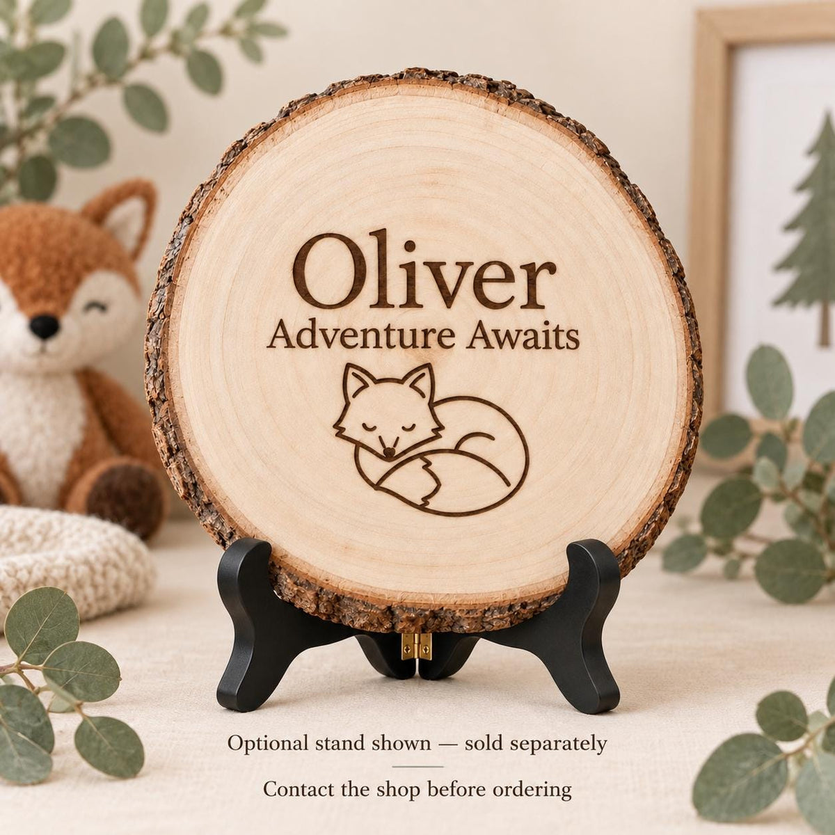 Woodland Nursery Style 1 sign on the optional black folding stand, sold separately