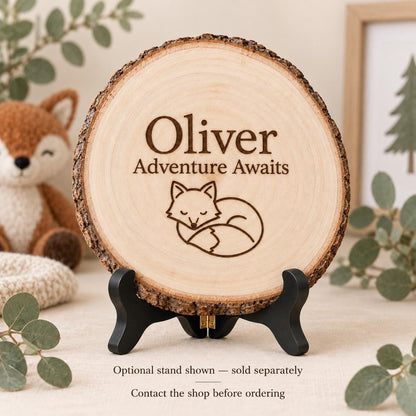 Woodland Nursery Style 1 sign on the optional black folding stand, sold separately