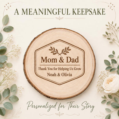 Parents of Groom personalized engraved wood slice. Personalized keepsake example.
