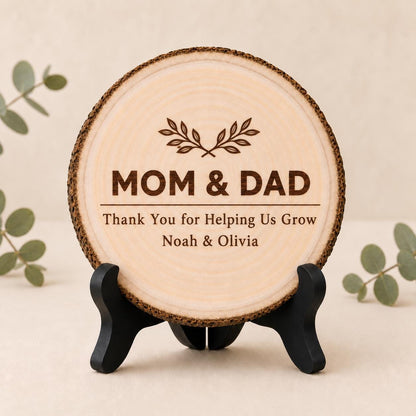Parents of Groom personalized engraved wood slice. Optional stand display.
