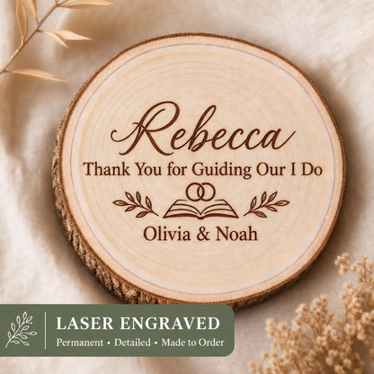 Wedding Officiant personalized engraved wood slice. Engraving detail.