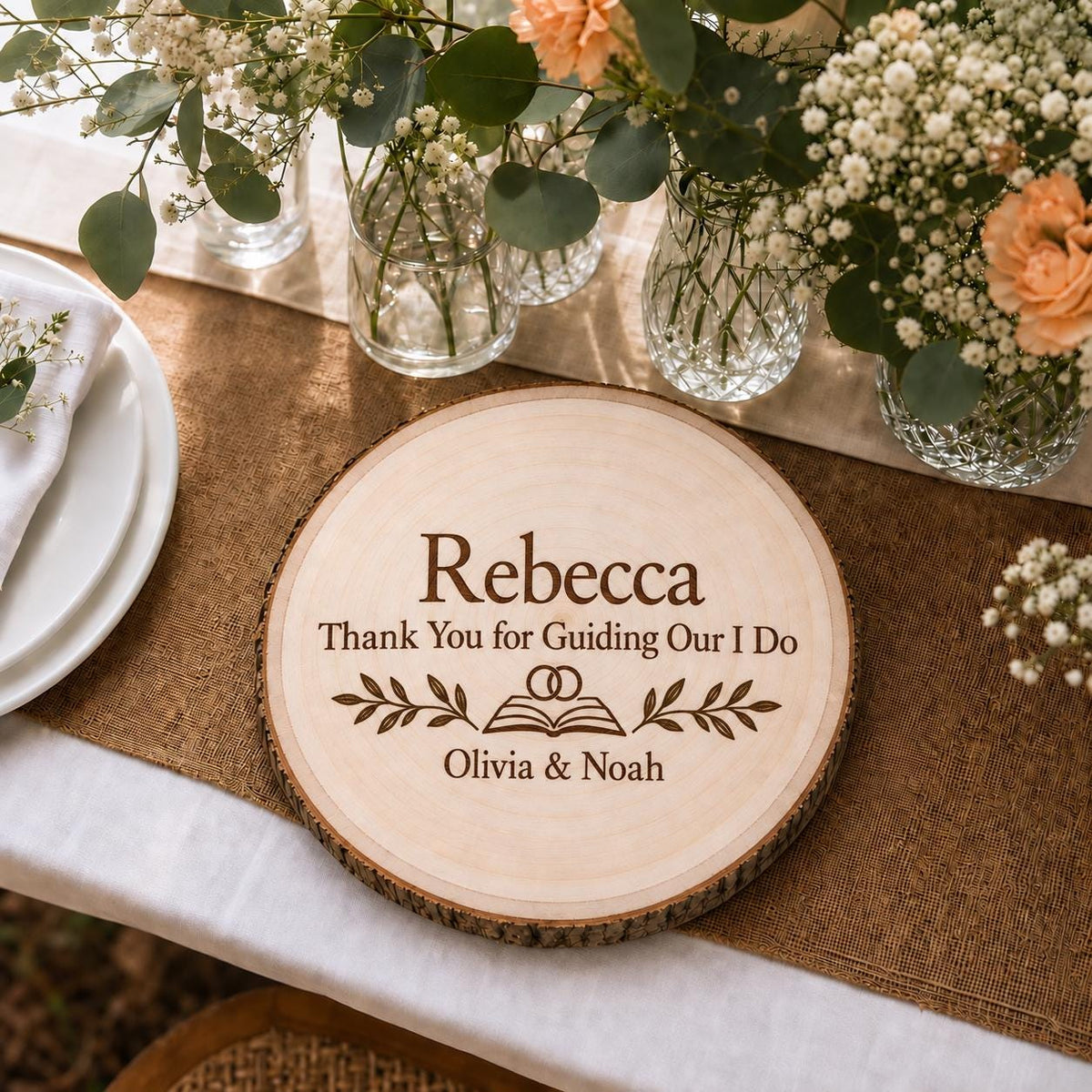 Wedding Officiant personalized engraved wood slice. Table display example.