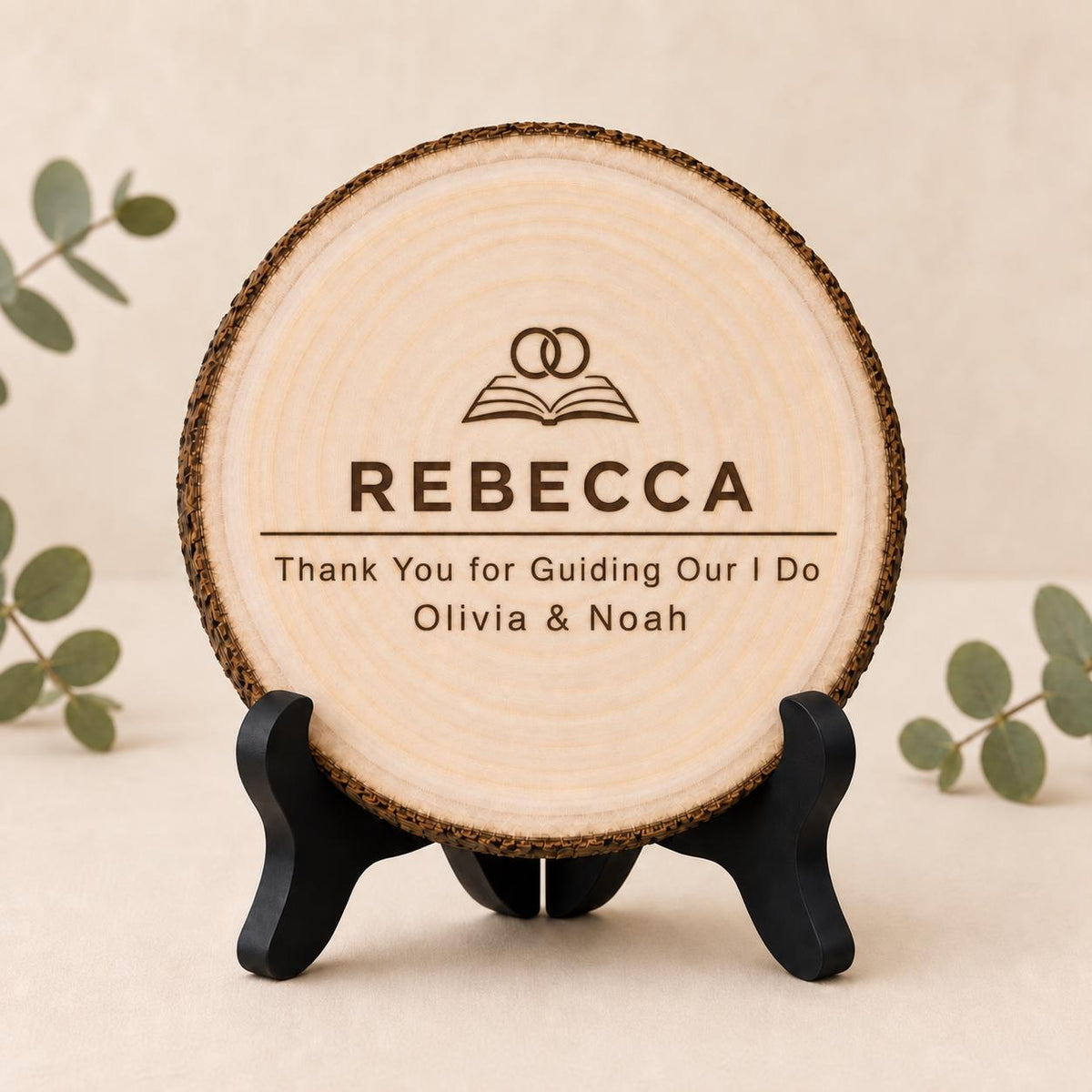 Wedding Officiant personalized engraved wood slice. Optional stand display.