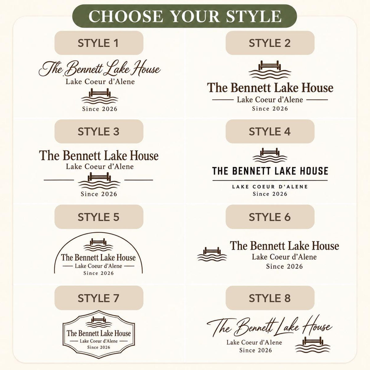 Lake House personalized engraved wood slice. Eight available design styles.