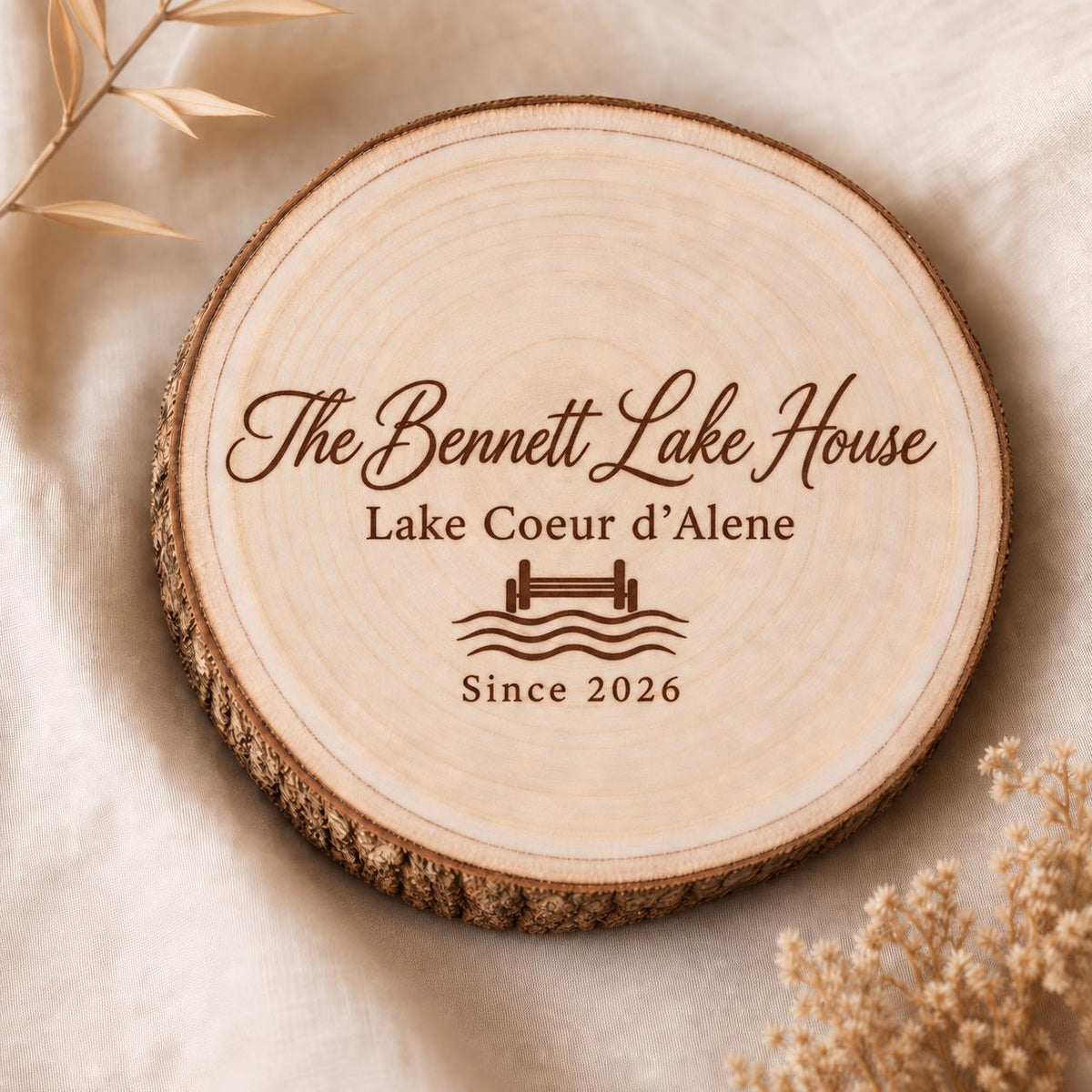 Lake House personalized engraved wood slice. Engraving detail.