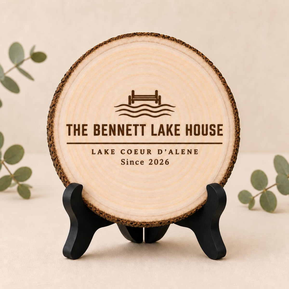 Lake House personalized engraved wood slice. Optional stand display.