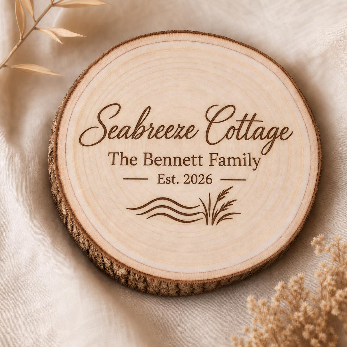 Beach Cottage personalized engraved wood slice. Engraving detail.