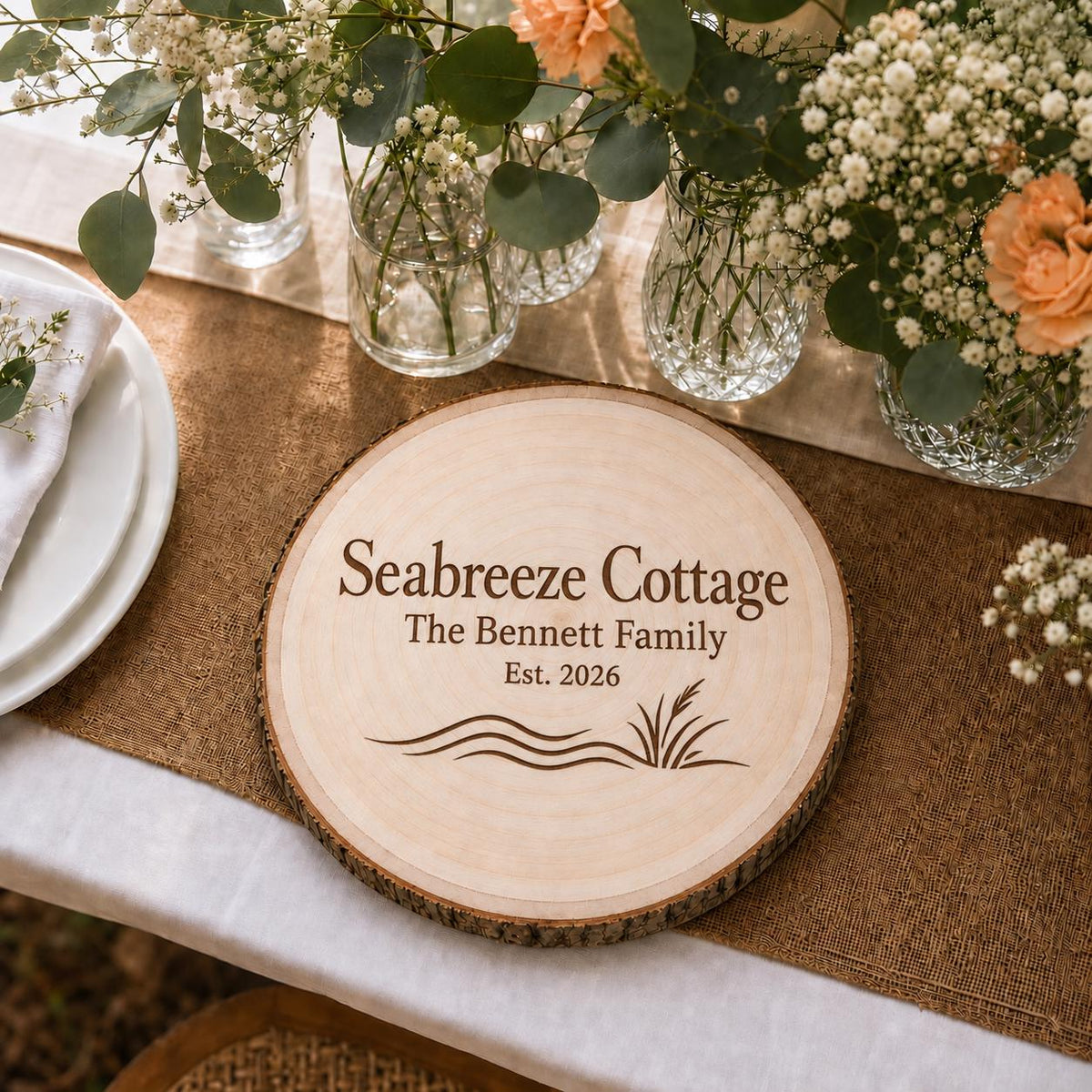 Beach Cottage personalized engraved wood slice. Table display example.
