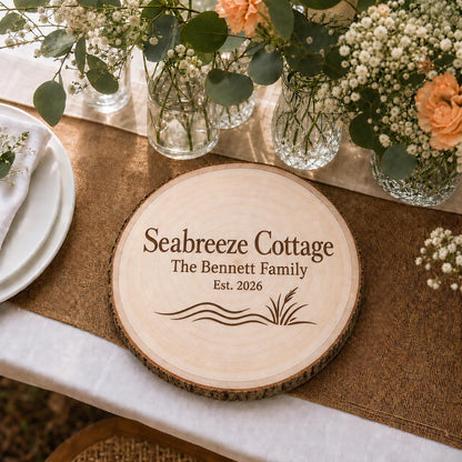 Beach Cottage personalized engraved wood slice. Table display example.