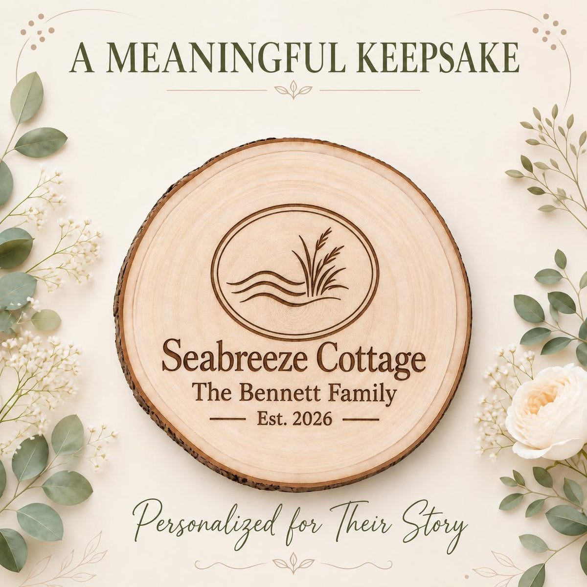 Beach Cottage personalized engraved wood slice. Personalized keepsake example.