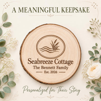 Beach Cottage personalized engraved wood slice. Personalized keepsake example.