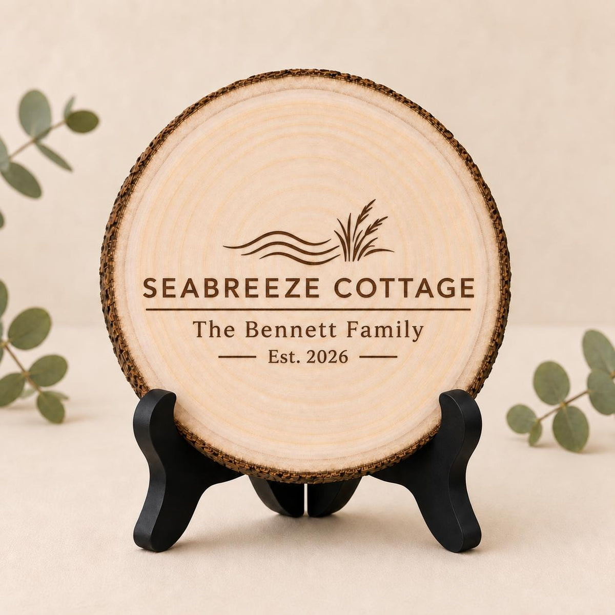 Beach Cottage personalized engraved wood slice. Optional stand display.