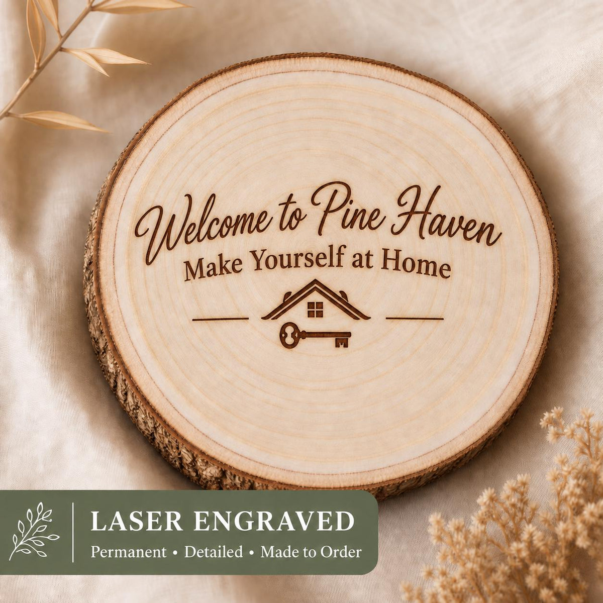 Vacation Rental Host personalized engraved wood slice. Engraving detail.