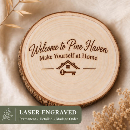 Vacation Rental Host personalized engraved wood slice. Engraving detail.