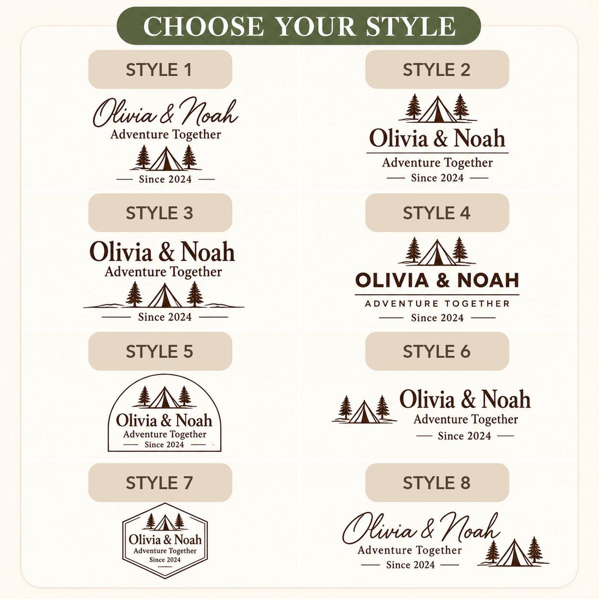 Camping Couple personalized engraved wood slice. Eight available design styles.