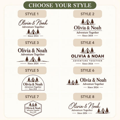 Camping Couple personalized engraved wood slice. Eight available design styles.