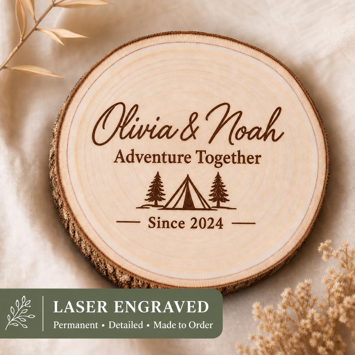 Camping Couple personalized engraved wood slice. Engraving detail.