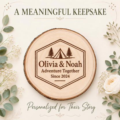 Camping Couple personalized engraved wood slice. Personalized keepsake example.