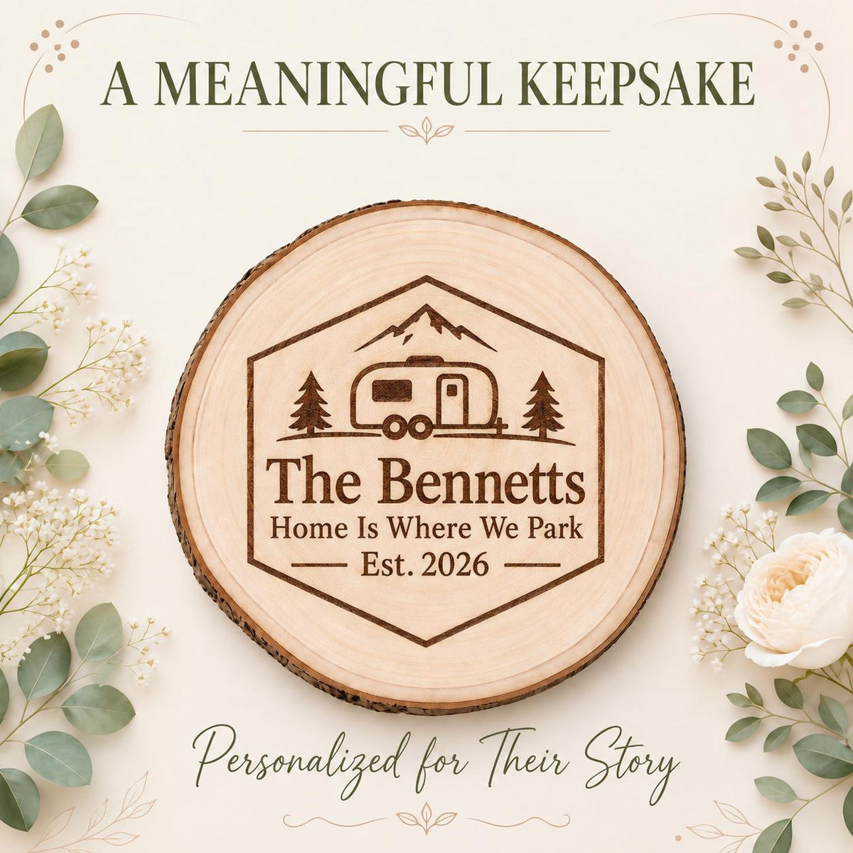 RV Traveler personalized engraved wood slice. Personalized keepsake example.