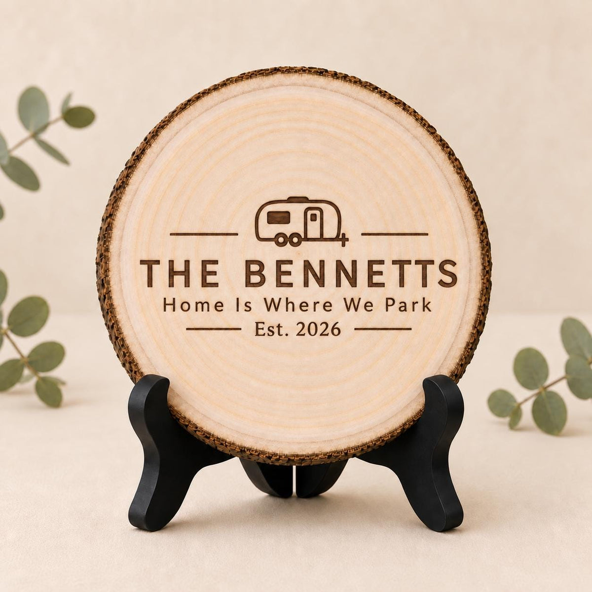RV Traveler personalized engraved wood slice. Optional stand display.