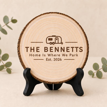 RV Traveler personalized engraved wood slice. Optional stand display.