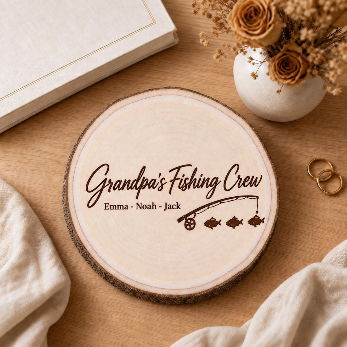 Fishing Dad Grandpa personalized engraved wood slice. Styled keepsake example.