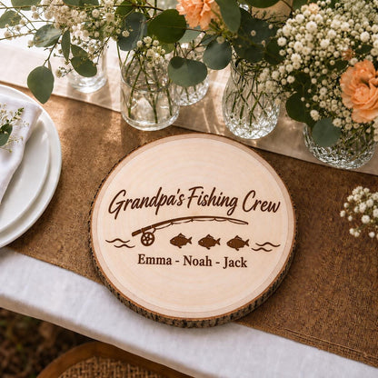 Fishing Dad Grandpa personalized engraved wood slice. Table display example.