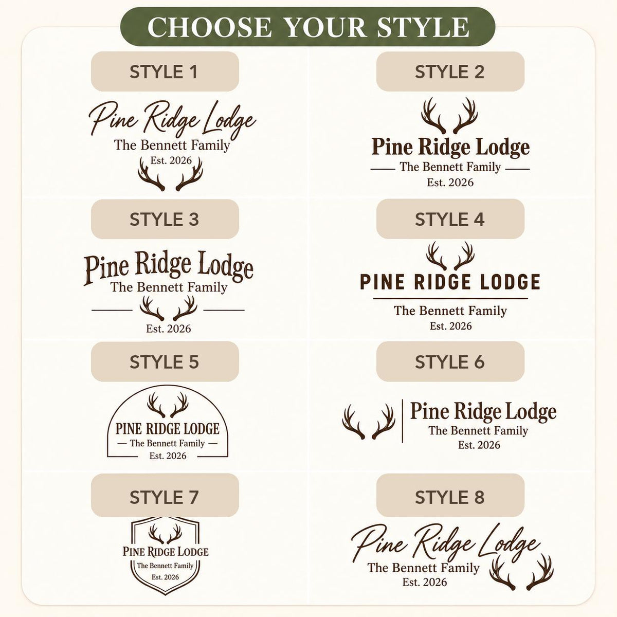 Hunting Lodge personalized engraved wood slice. Eight available design styles.