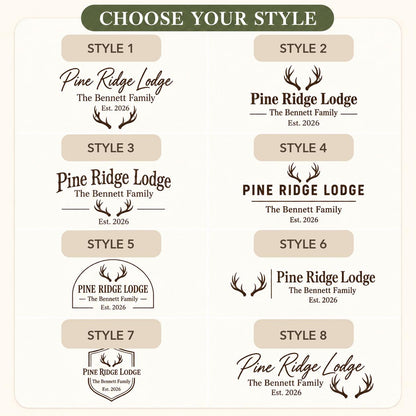 Hunting Lodge personalized engraved wood slice. Eight available design styles.