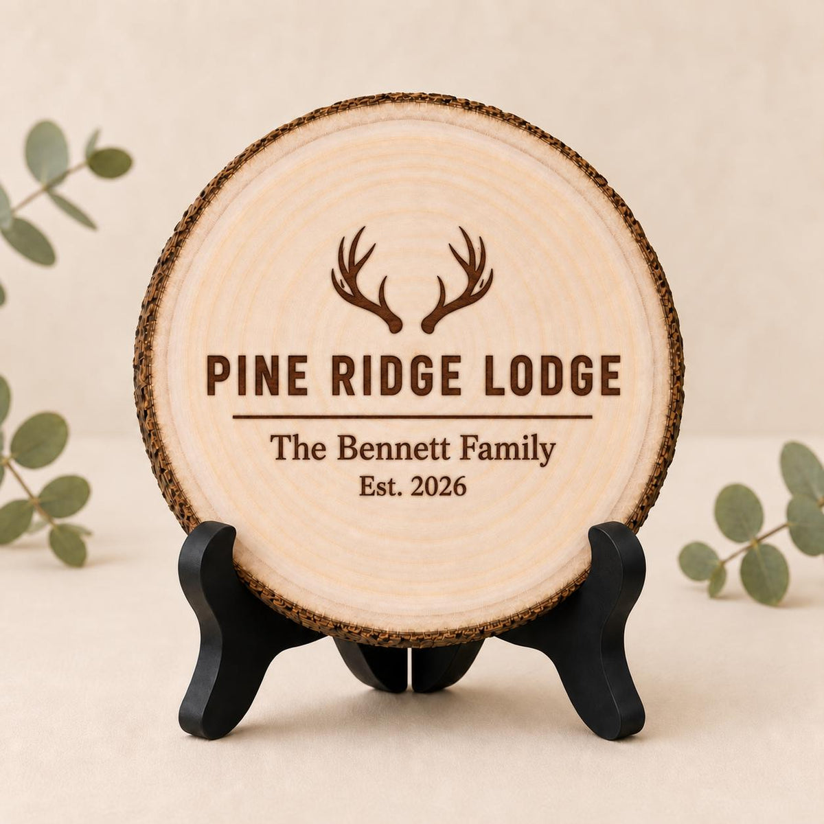 Hunting Lodge personalized engraved wood slice. Optional stand display.