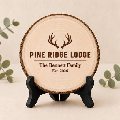 Hunting Lodge personalized engraved wood slice. Optional stand display.