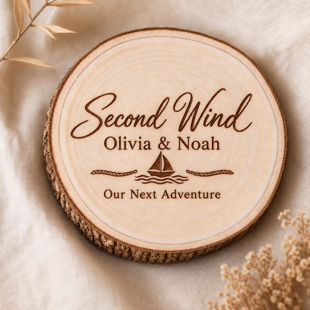 Boating Couple personalized engraved wood slice. Engraving detail.