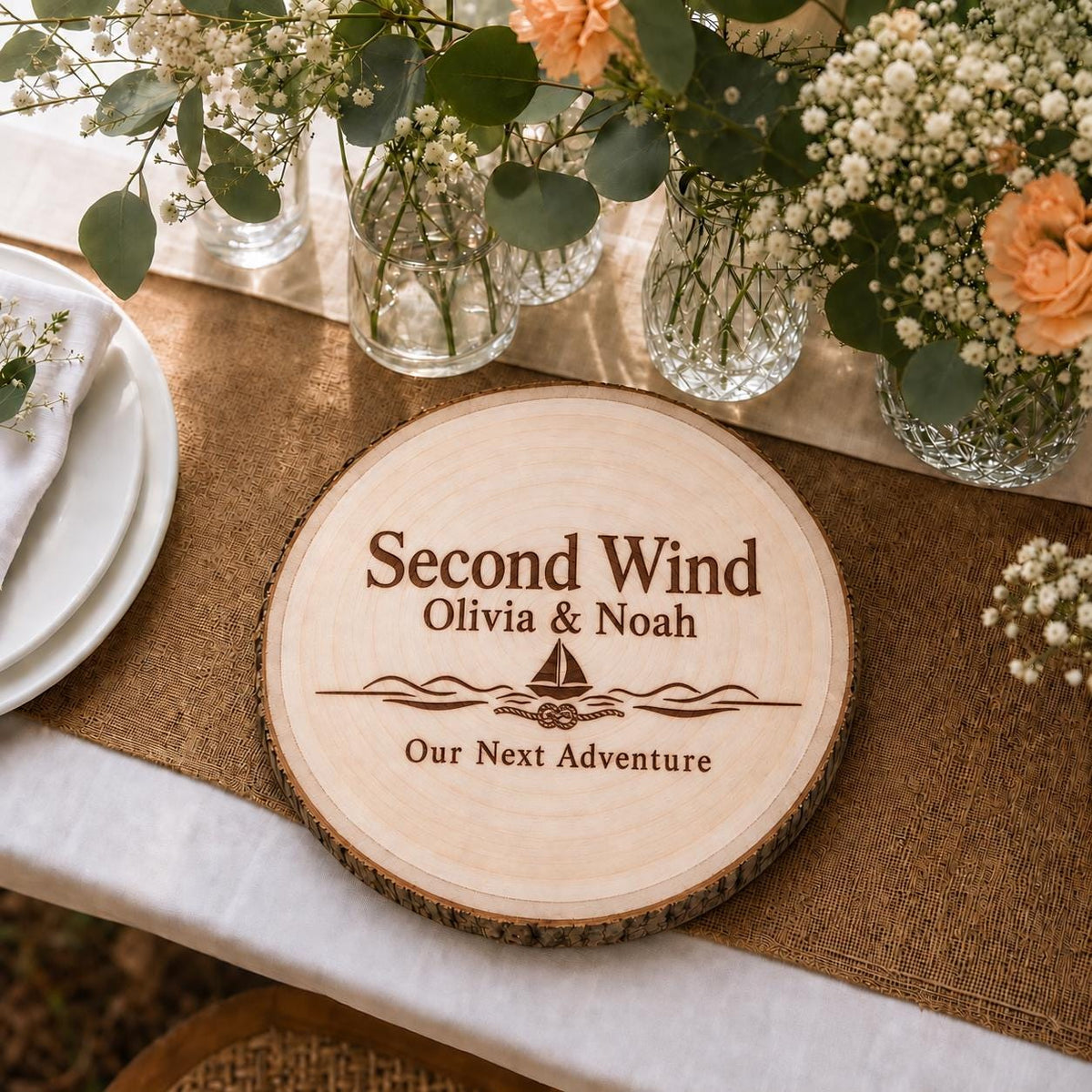 Boating Couple personalized engraved wood slice. Table display example.