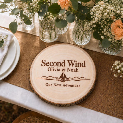 Boating Couple personalized engraved wood slice. Table display example.