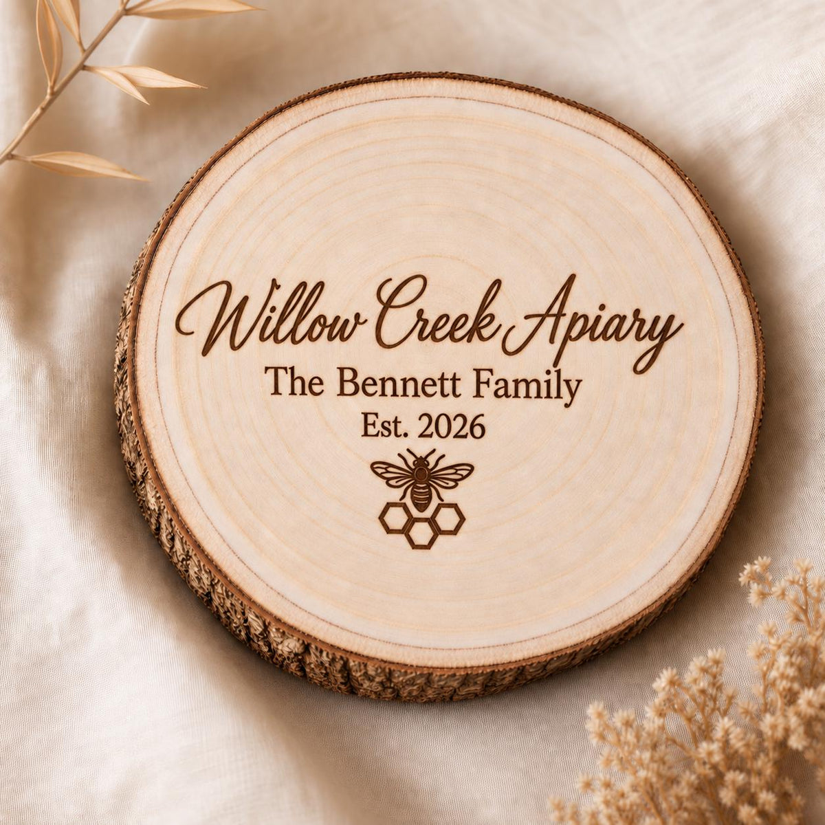 Beekeeper personalized engraved wood slice. Engraving detail.