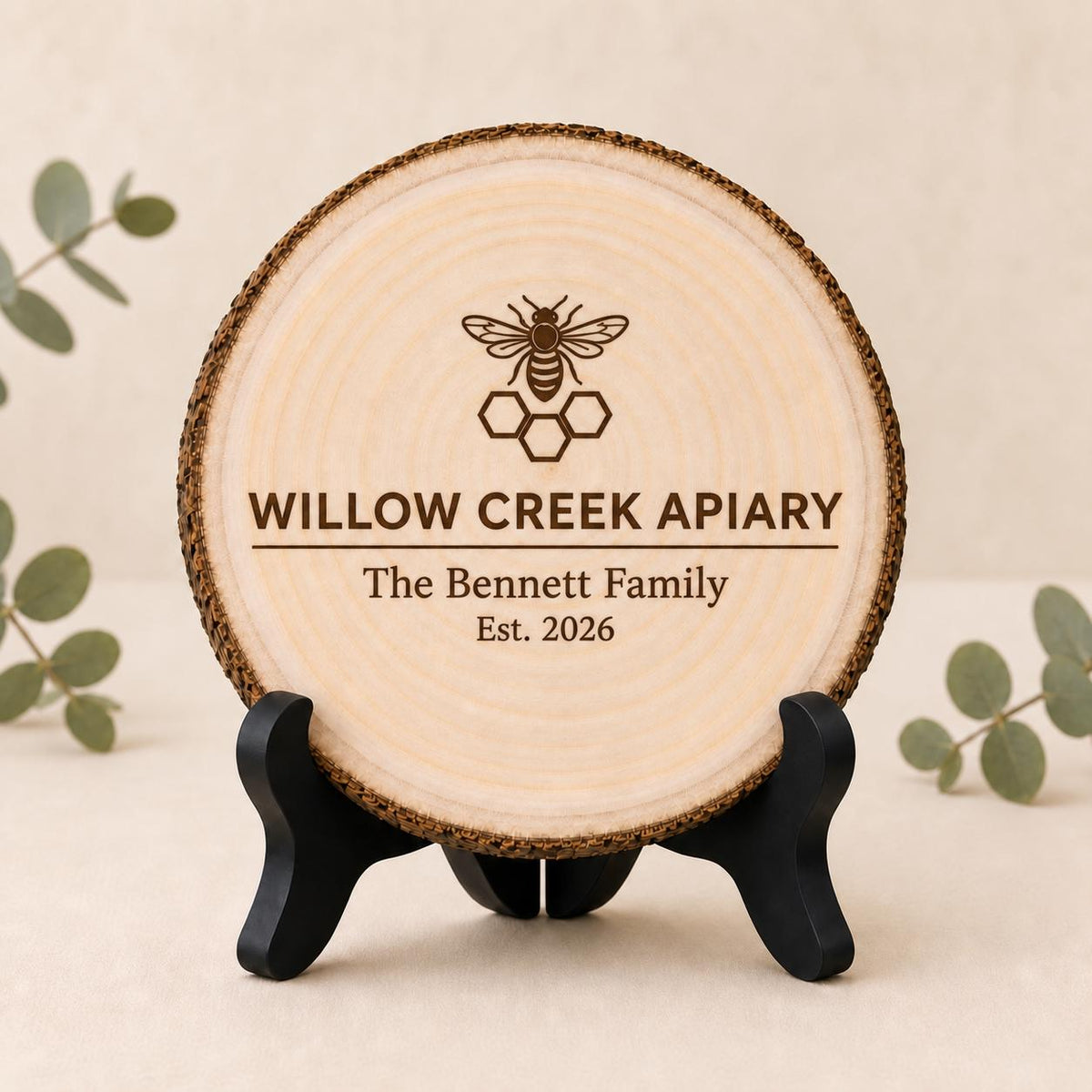 Beekeeper personalized engraved wood slice. Optional stand display.