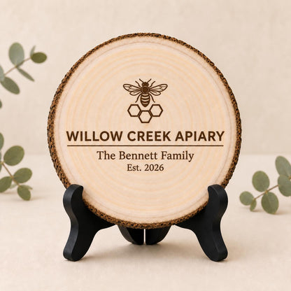 Beekeeper personalized engraved wood slice. Optional stand display.