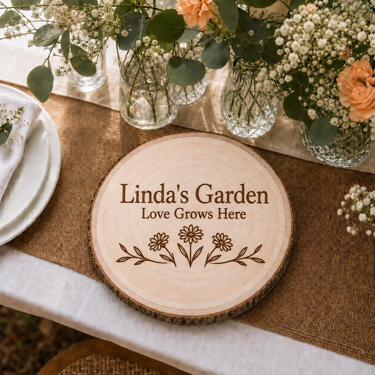 Gardener personalized engraved wood slice. Table display example.