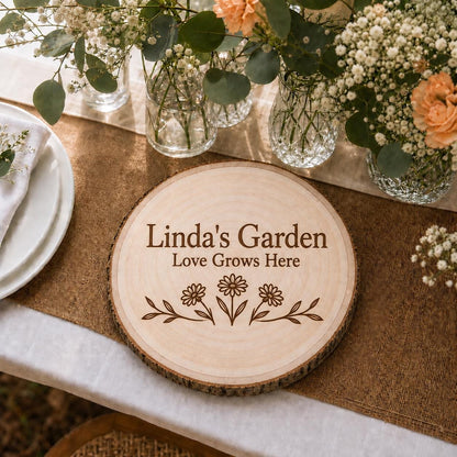 Gardener personalized engraved wood slice. Table display example.