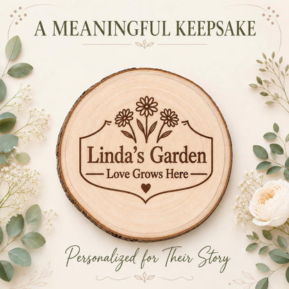 Gardener personalized engraved wood slice. Personalized keepsake example.