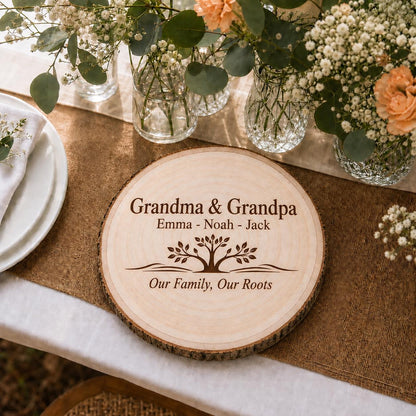 Grandparents Family Tree personalized engraved wood slice. Table display example.