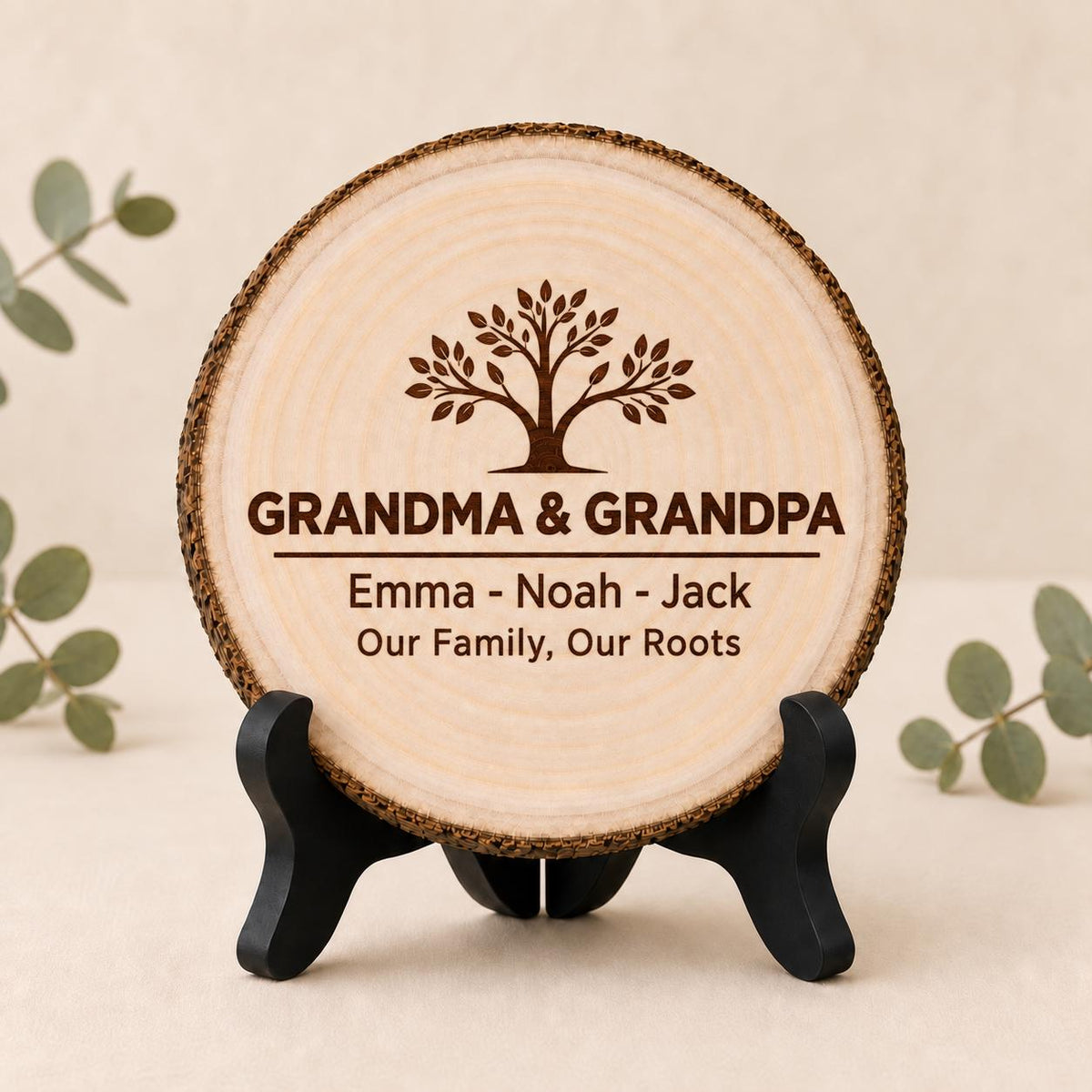 Grandparents Family Tree personalized engraved wood slice. Optional stand display.