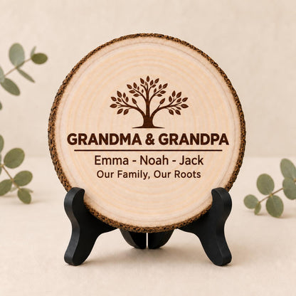 Grandparents Family Tree personalized engraved wood slice. Optional stand display.