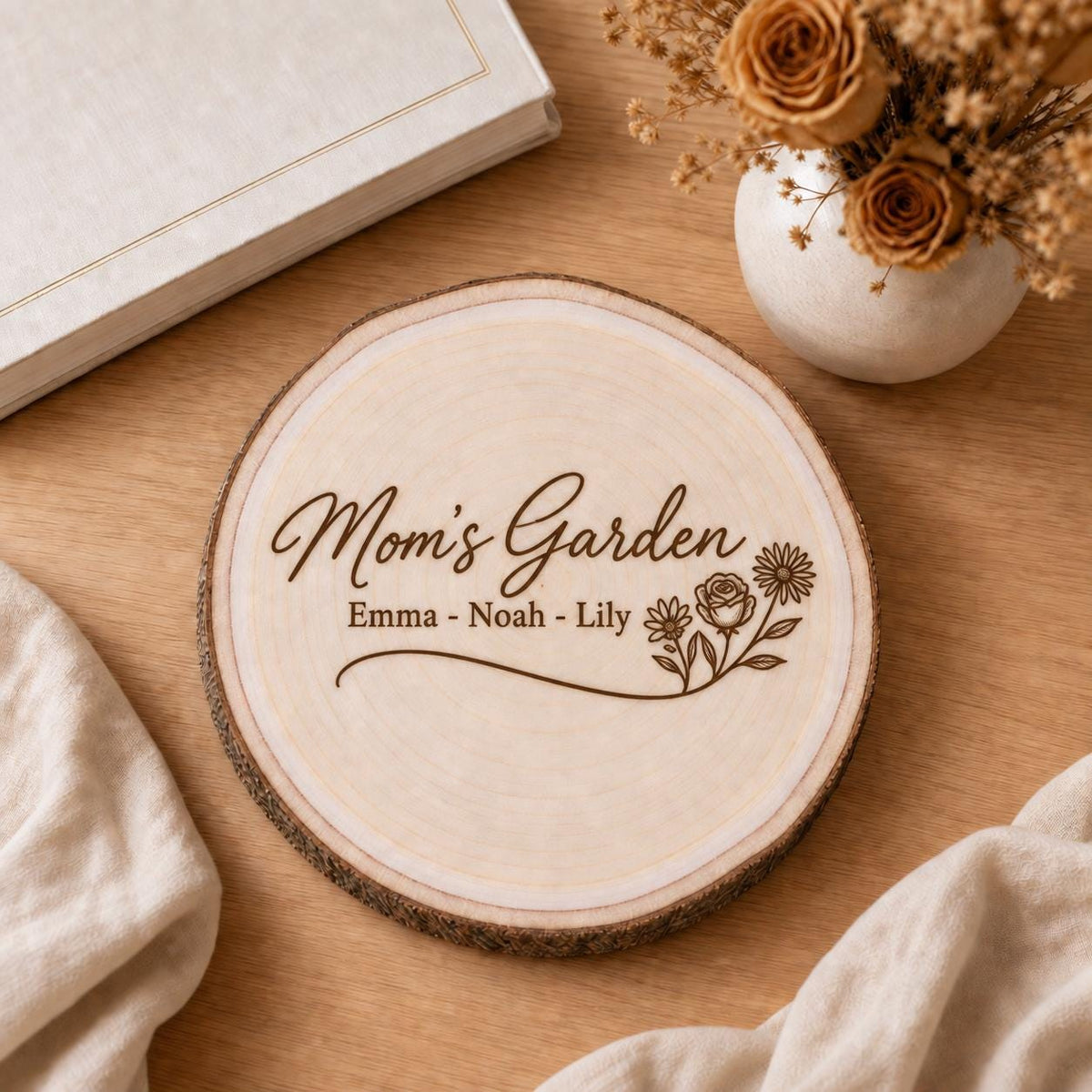 Mothers Day Birth Flowers personalized engraved wood slice. Styled keepsake example.