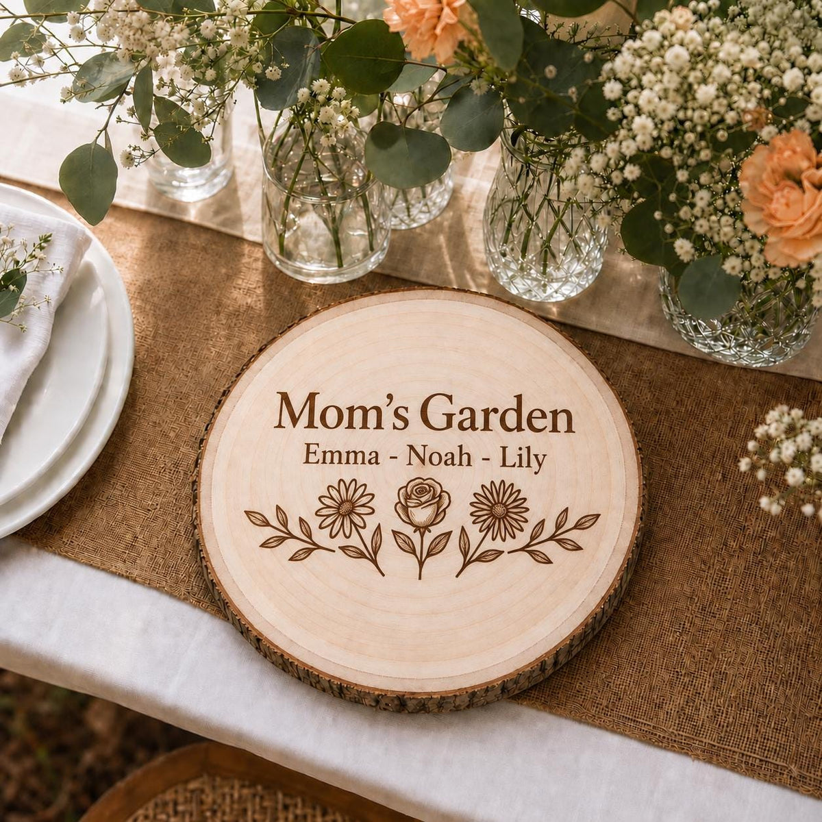Mothers Day Birth Flowers personalized engraved wood slice. Table display example.